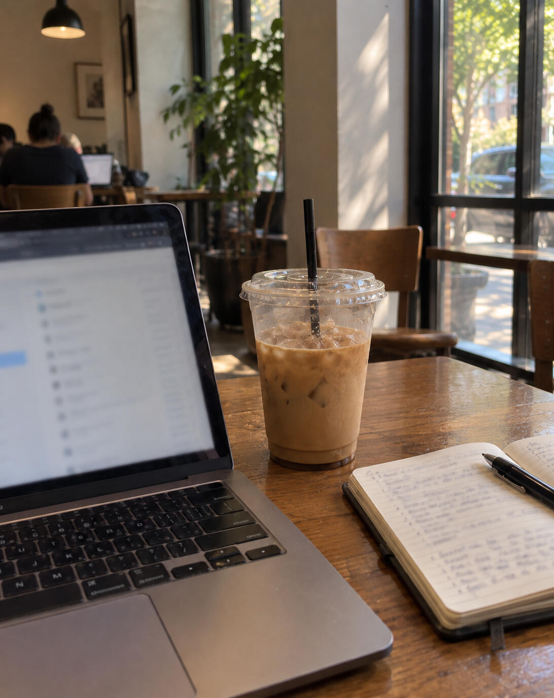 Strategy & Consulting | Kate Kness Laptop, iced coffee, and open notebook on a wooden café table, representing Kate Kness's strategy and consulting work.